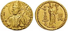  GREEK COINS   India   Kushan Empire. Huvishka, c. 152-192. Dinar (Gold, 21mm, 7.92g 12), Mint I (A), 3rd emission. ÞαOhαhOÞαO O OVÞKI KOÞαhO ( some l...