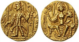  GREEK COINS   India   Kushan Empire. Vasudeva II, c. 290-310. Dinar (Gold, 20mm, 7.86g 12), Mint III (C), third emission. Kushan inscription Vasudeva...