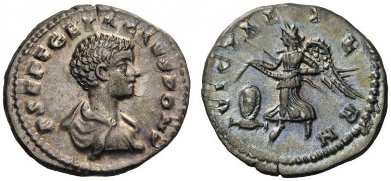  ROMAN AND BYZANTINE COINS   Geta, Caesar, 198-209. Denarius (Silver, 18mm, 3.33...