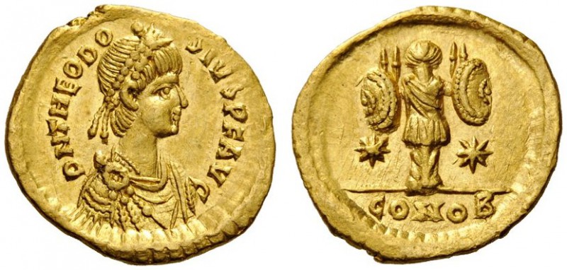  ROMAN AND BYZANTINE COINS   Theodosius II, 402-450. Tremissis (Gold, 13mm, 1.52...
