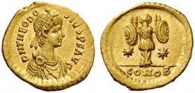  ROMAN AND BYZANTINE COINS   Theodosius II, 402-450. Tremissis (Gold, 13mm, 1.52g 6), Constantinople, c. 441-450. D N THEODOSIVS P F AVG Diademed, dra...