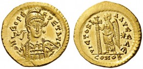  ROMAN AND BYZANTINE COINS   Leo I, 457-474. Solidus (Gold, 20mm, 4.50g 5), Constan­tinople, c. 462 or 466. D N LEO PERPET AVG Helmeted, diademed and ...
