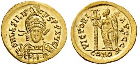  ROMAN AND BYZANTINE COINS   Basiliscus, 475-476. Solidus (Gold, 20mm, 4.50g 6), Constan­inople, early-mid 475. D N bASILISCUS P P AVG Diademed, helme...
