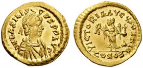  ROMAN AND BYZANTINE COINS   Basiliscus, 475-476. Tremissis (Gold, 14mm, 1.49g 6), Constantinople, early-mid 475. D N bASILISCUS P P AVG Diademed, dra...