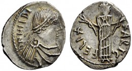 MIGRATION OF THE GERMAN TRIBES THE VANDALS 
 Hilderic, 523-530 
 Half siliqua, Carthage 523-530, AR 1.18 g. DN HILDI – [RIXREX] Pearl-diademed, drap...