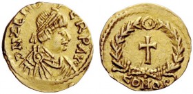 PSEUDO-IMPERIAL COINAGE 
 Odovacar, 476-493 
 In the name of Zeno, 474-491 . Tremissis, Ravenna 476-493, AV 1.46 g. DN ZENO – [P]ERP AVC Pearl- diad...