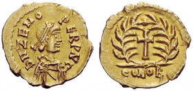 PSEUDO-IMPERIAL COINAGE 
 Odovacar, 476-493 
 In the name of Zeno, 474-491 . Tremissis, Mediolanum 476-493, AV 1.40 g. DN ZENO – PERP AVC (AV ligate...