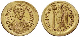 THE OSTROGOTHS 
 Theoderic, 493-526 
 Pseudo-Imperial Coinage. In the name of Zeno, 474-491 . Solidus, uncertain mint 493-526, AV 4.49 g. DN ZENO – ...