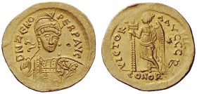 THE OSTROGOTHS 
 Theoderic, 493-526 
 Pseudo-Imperial Coinage. In the name of Zeno, 474-491 . Solidus, uncertain mint 493-526, AV 4.45 g. DN ZENO – ...