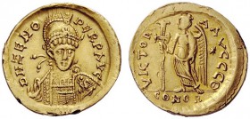 THE OSTROGOTHS 
 Theoderic, 493-526 
 Pseudo-Imperial Coinage. In the name of Zeno, 474-491 . Solidus, uncertain mint 493-526, AV 4.32 g. DN ZENO – ...
