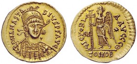 THE OSTROGOTHS 
 Theoderic, 493-526 
 Pseudo-Imperial Coinage. In the name of Anastasius, 491-518 . Solidus, Roma 493-526, AV 4.41 g. DN ANASTA – SI...