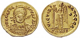 THE OSTROGOTHS 
 Theoderic, 493-526 
 Pseudo-Imperial Coinage. In the name of Anastasius, 491-518 . Solidus, Roma 493-526, AV 4.38 g. DN ANASTA – SI...