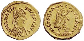 THE OSTROGOTHS 
 Theoderic, 493-526 
 Pseudo-Imperial Coinage. In the name of Anastasius, 491-518 . Tremissis, Roma 493-526, AV 1.41 g. DN ANASTA – ...