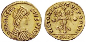 THE OSTROGOTHS 
 Theoderic, 493-526 
 Pseudo-Imperial Coinage. In the name of Anastasius, 491-518 . Tremissis, Roma 493-526, AV 1.23 g. DN ANASTA – ...