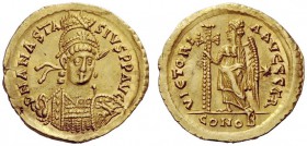 THE OSTROGOTHS 
 Theoderic, 493-526 
 Pseudo-Imperial Coinage . In the name of Anastasius, 491-518 . Solidus, Ravenna 493-526, AV 4.52 g. DN ANASTA ...