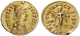 THE OSTROGOTHS 
 Theoderic, 493-526 
 Pseudo-Imperial Coinage. In the name of Anastasius, 491-518 . Tremissis, Mediolanum 493-526, AV 1.44 g. DN ANA...