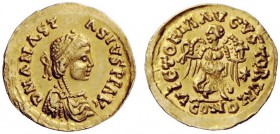 THE OSTROGOTHS 
 Theoderic, 493-526 
 Pseudo-Imperial Coinage. In the name of Anastasius, 491-518 . Tremissis, Mediolanum 493-526, AV 1.46 g. DN ANA...