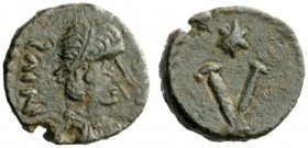 THE OSTROGOTHS 
 Theoderic, 493-526 
 Pseudo-Imperial Coinage. In the name of Justin I, 518-527 . Pentanummium Ravenna (?) 526-527, Æ 1.26 g. [….] N...