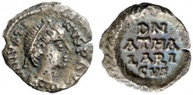 THE OSTROGOTHS 
 Athalaric, 526-534 
 Pseudo-Imperial Coinage. In the name of Justin I, 518-527 . Quarter siliqua, Ravenna (?) 526-527, AR 0.67 g. D...