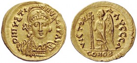 THE OSTROGOTHS 
 Athalaric, 526-534 
 Pseudo-Imperial Coinage. In the name of Justin I, 518-527 . Solidus, Mediolanum (?) 526-527, AV 4.35 g. DN IVS...