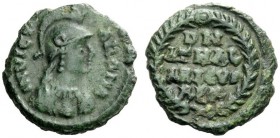 THE OSTROGOTHS 
 Athalaric, 526-534 
 Pseudo-Imperial Coinage. In the name of Justinian I, 527-565 . Decanummium, Roma 526-534, Æ 3.52 g. INVIC – TA...