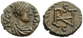 THE OSTROGOTHS 
 Athalaric, 526-534 
 Pseudo-Imperial Coinage. In the name of Justinian I, 527-565 . Nummus, Roma 526-534, Æ 0.96 g. IVCTI – NIAN Pe...