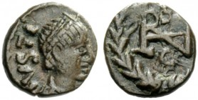 THE OSTROGOTHS 
 Athalaric, 526-534 
 Pseudo-Imperial Coinage. In the name of Justinian I, 527-565 . Nummus, Roma 526-534, Æ 0.75 g. IVSTI – […] Pea...