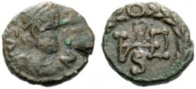 THE OSTROGOTHS 
 Theodahad, 534-536 
 Pseudo-Imperial Coinage. In the name of Justinian I, 527-565. Nummus, Roma 534-536, Æ 1.03 g. IVS […] N Pearl-...