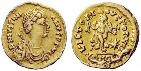 THE OSTROGOTHS 
 Witigis, 536-540 
 Pseudo-Imperial Coinage. In the name of Justinian I, 527-565. Tremissis, Ravenna 536-540, AV 1.43 g. DN IVSTINI ...