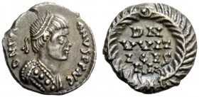 THE OSTROGOTHS 
 Witigis, 536-540 
 Pseudo-Imperial Coinage. In the name of Justinian I, 527-565. Half siliqua, Ravenna 536-540, AR 1.42 g. DN IVS[T...