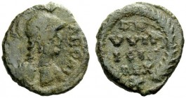 THE OSTROGOTHS 
 Witigis, 536-540 
 Pseudo-Imperial Coinage. In the name of Justinian I, 527-565. Decanummium, Ravenna 536-540, Æ 2.90 g. [INVICT] –...
