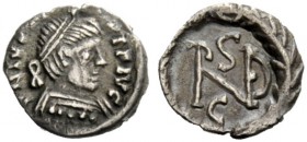 THE OSTROGOTHS 
 Amalasuntha, 534-535 
 Pseudo-Imperial Coinage. In the name of Justinian I, 527-565. Quarter siliqua, Ravenna 534-535, AR 0.34 g. D...