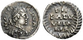 THE OSTROGOTHS 
 Baduila, 541-552 
 Pseudo-Imperial Coinage. In the name of Justinian I, 527-565. Half siliqua, Ticinum 541-549/550, AR 0.67 g. IIIV...