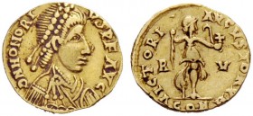 THE VISIGOTHS 
 Pseudo-Imperial Coinage. In the name of Honorius, 393-423. Tremissis, Tolouse (?) mid 5th century, AV 1.48 g. DN HONORI – VS PF AVC P...