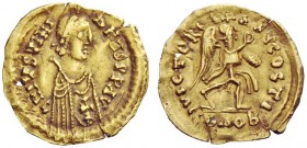 THE VISIGOTHS 
 Pseudo-Imperial Coinage. In the name of Justinian I, 527-565. Tremissis, Tolouse or Narbonne (?) mid 6th century, AV 1.40 g. DN IVSTI...