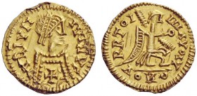 THE VISIGOTHS 
 Leovigild, 572-586 
 Pseudo-Imperial Coinage. Tremissis, Toledo 572-586, AV 1.44 g. CVRIVII – IWRVC Pearl-diademed, draped and cuira...