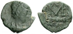 THE VISIGOTHS 
 Leovigild, 572-586 
 Ricimer. Patrician and Master of Soldiers, 457-472 . Nummus, Roma (?) 465-467 Æ 0.79 g. Rosette- diademed, drap...