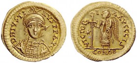 THE BURGUNDIANS 
 Sigismund, 516-524 
 Pseudo-Imperial Coinage. In the name of Justin I, 518-527 . Solidus, 518-527, AV 4.40 g. DN IVSTI – NVS PP AV...