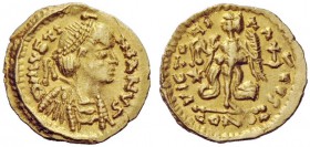 THE FRANKS 
 Theodebert I, 534 – 548 
 Pseudo-Imperial Coinage. In the name of Justinian I, 527-565. Tremissis, uncertain mint 527-565, AV 1.47 g. D...