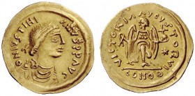 THE LOMBARDS 
 Lombardy 
 Pseudo-Imperial Coinage . In the name of Justinian I, 527-565. Tremissis circa 568-690, AV 1.46 g. DN IVSTINI – ANVS PP AV...