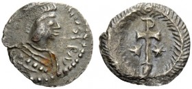 THE LOMBARDS 
 Lombardy 
 Pseudo-Imperial Coinage . In the name of Justinian I, 527-565. Half siliqua or quarter siliqua circa 568-690, AR 0.60 g. D...