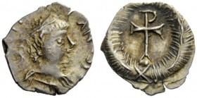 THE LOMBARDS 
 Lombardy 
 Pseudo-Imperial Coinage . In the name of Justinian I, 527-565. Half siliqua or quarter siliqua circa 568-690, AR 0.32 g. (...