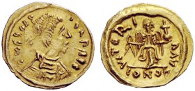 THE LOMBARDS 
 Lombardy 
 Pseudo-Imperial Coinage . In the name of Justin II, 565-578. (?) Tremissis circa 568-690, AV 1.40 g. Pseudo-legend Pearl-d...