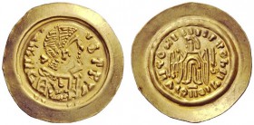 THE LOMBARDS 
 Lombardy 
 Pseudo-Imperial Coinage . In the name of Maurice Tiberius, 582-602. Tremissis circa 568-690, AV 1.37 g. DN MA(…) – TbPPVIG...