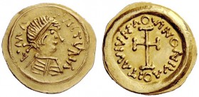 THE LOMBARDS 
 Lombardy 
 Pseudo-Imperial Coinage . In the name of Maurice Tiberius, 582-602. Tremissis circa 568-690, AV 1.50 g. DII MAVRT – TII PP...
