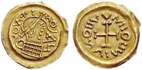 THE LOMBARDS 
 Tuscany 
 Pseudo-Imperial Coinage . With blundered inscriptions. Tremissis circa 620-700, AV 1.32 g. VOAV + : AVOAV (AV ligate) Pearl...