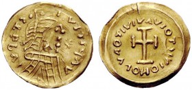 THE LOMBARDS 
 Tuscany 
 Pseudo-Imperial Coinage . With blundered inscriptions. Tremissis circa 620-700, AV 1.44 g. IVpdTC – IVITIhAV Pearl-diademed...