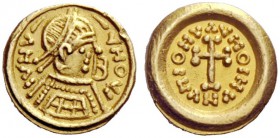 THE LOMBARDS 
 Tuscany 
 Pseudo-Imperial Coinage . With blundered inscriptions. Tremissis circa 620-700, AV 1.49 g. IVUV – VHOVI Pearl-diademed, dra...