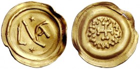 THE LOMBARDS 
 Luca, 700-749 
 Autonomous municipal coinage. Tremissis circa 700-749, AV 1.17 g. Monogram of Lucca; on field, two stars. Rev. VVIVAV...