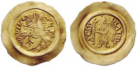 THE LOMBARDS 
 Aripert II, 700-712 
 Tremissis 700-712, AV 1.23 g. DN AR – IPE RX (RX ligate) Pearl-diademed, draped and cuirassed bust r.; in r. fi...